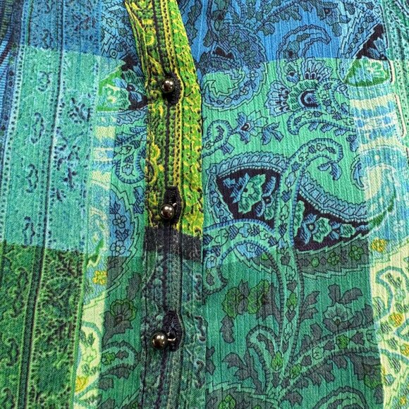 Liz Claiborne Top Womens L Green Blue Paisley Popover Blouse Sheer Silver Button - Picture 3 of 13